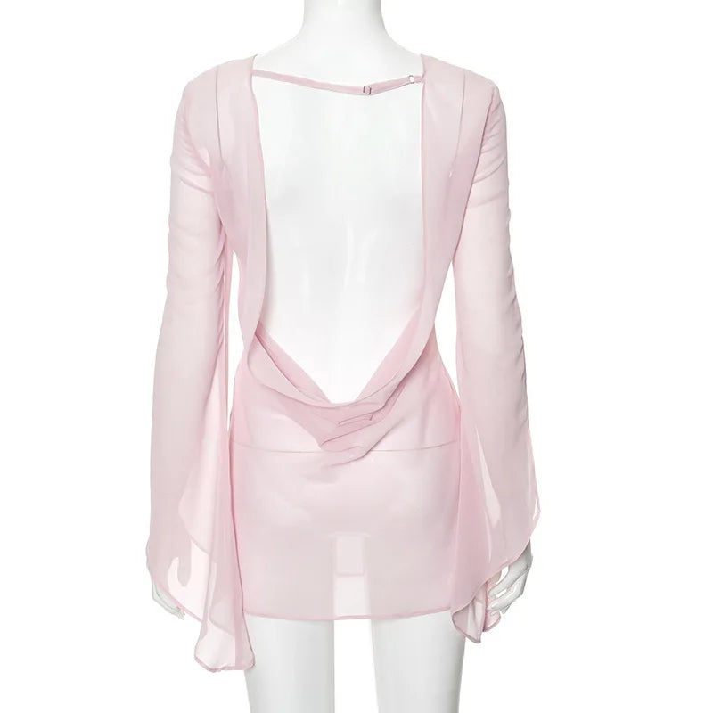 Gtpdpllt Perspective Women's Dress Summer Long Sleeve Swinging Collar Chiffon Backless Sexy Party Dresses Clubwear Outfits