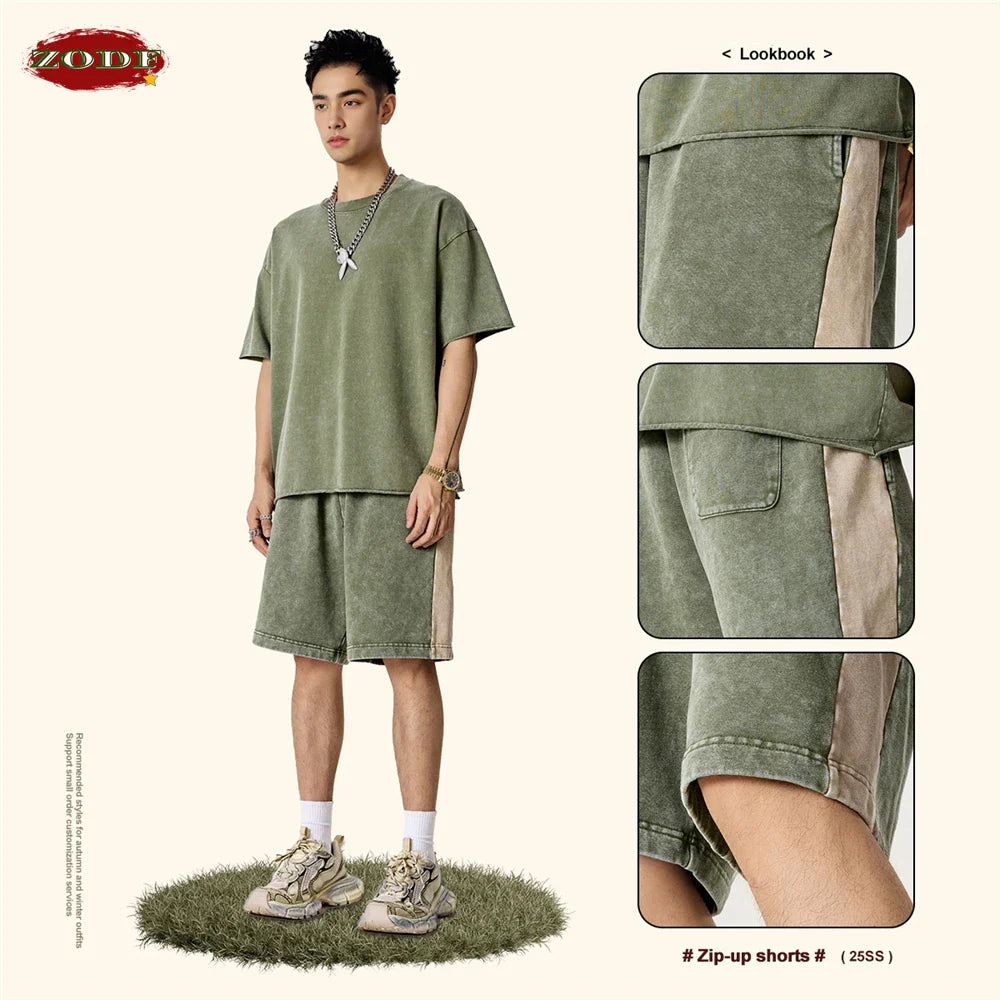 ZODF Vintage Men Washed 370gsm Cotton Shorts Unisex High Street Patchwork Distressed Shorts Brand Clothes HY1026