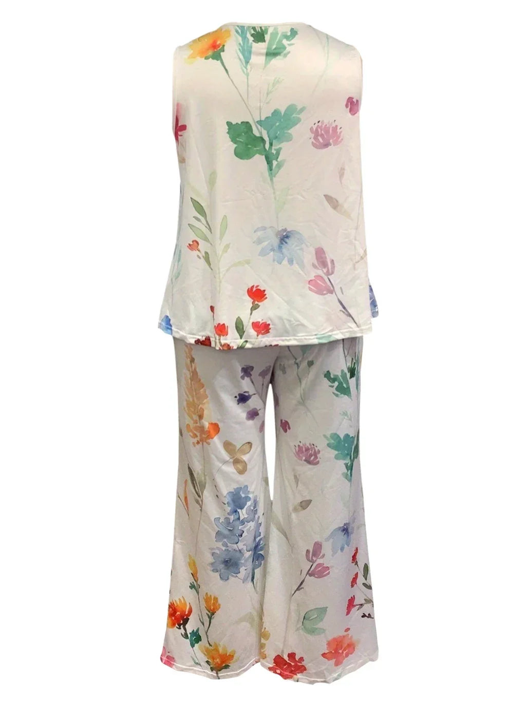 Women's1XL-8XL Plus Size Round Neck Casual Outfits Two Piece Set Solid Tank Top Wide Leg Pants Outfits 2 Piece Set