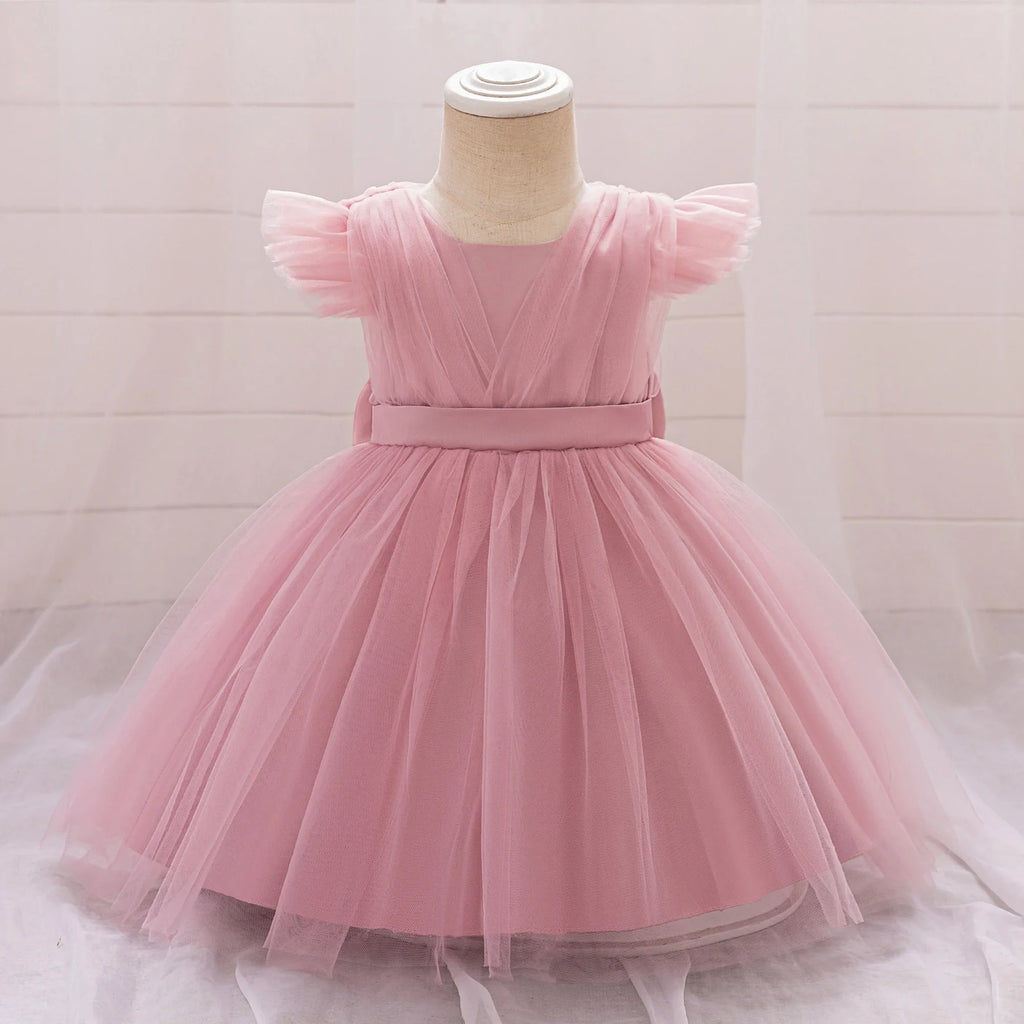 Toddler Bow White Baptism Party Baby Girl Dress Fly Sleeves 1st Birthday Wedding Princess Dresses Tutu Lace Evening Kids Clothes