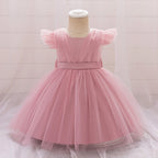 Toddler Bow White Baptism Party Baby Girl Dress Fly Sleeves 1st Birthday Wedding Princess Dresses Tutu Lace Evening Kids Clothes