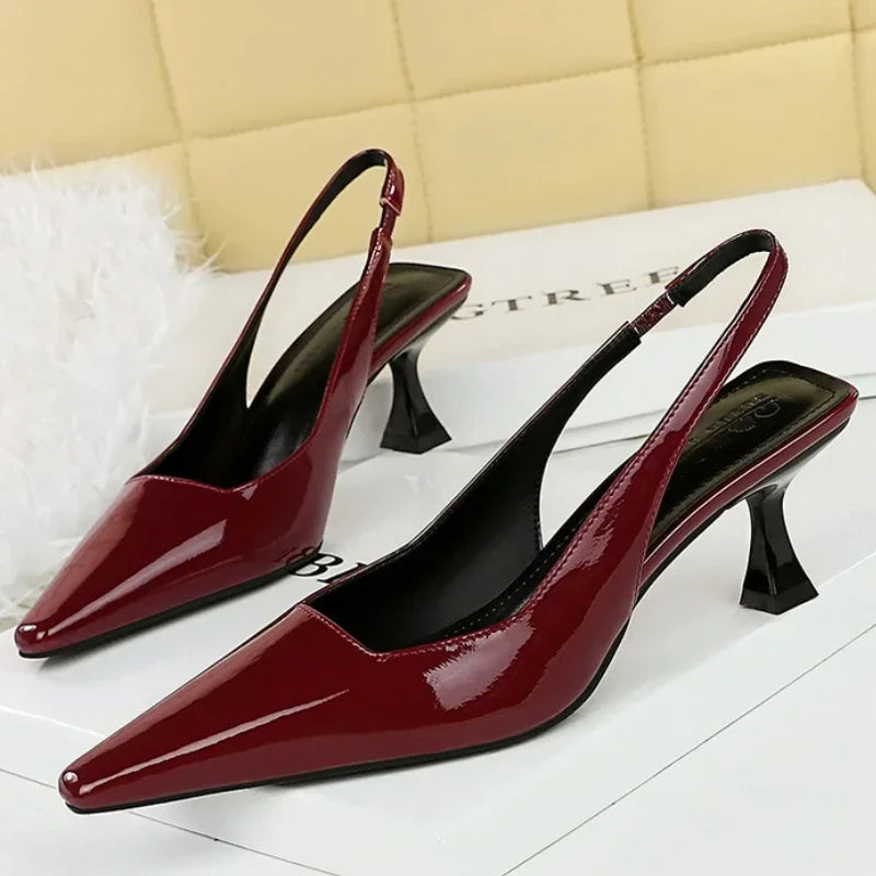 Women 6cm High Heels Retro Streetwear Catwalk Sandles Lady Daily Work Slingback Strap Elastic Mid Heels Glossy Leather Sandals