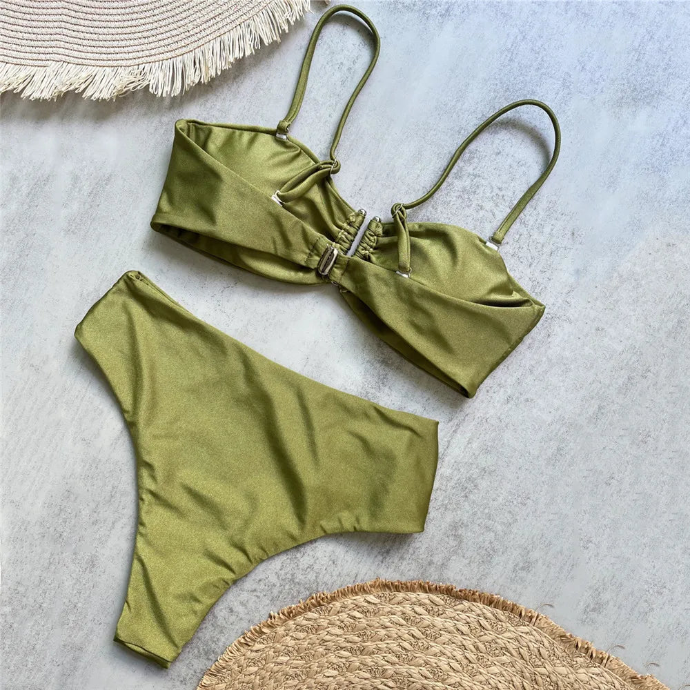 Green Shiny Solid Swimwears Bandeau U Shaped Bikini High Waist Sexy Swimsuit Woman 2025 Wrinkled Bather Brazilian Bikini Mujer