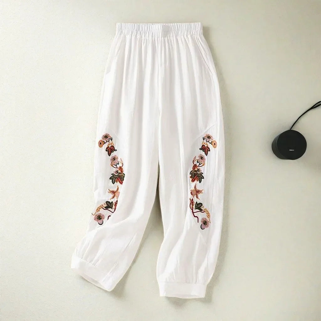 Coffee Embroidery Bloomers Casual Solid Elastic High Waist Loose Women's Pants Ankle-Length Pants For Women Clothing Fashion