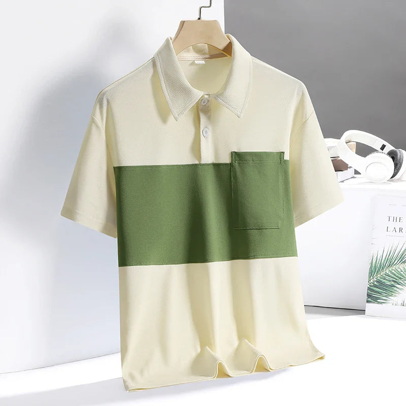 New Summer Polo Shirt Men's Contrast Color T-shirt Ice Silk Quick-drying Thin Lapel Half-sleeved Casual Wear Men Clothing Golf