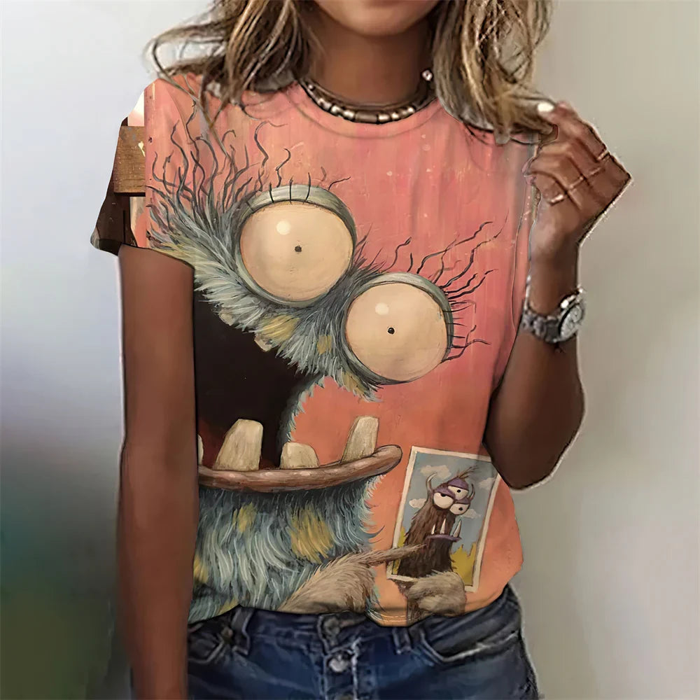 Fashion Woman Funny Cat Print T-Shirts Summer Crew Neck Personalized Graphic T-Shirts Comfort Short Sleeve Tee Woman Clothing