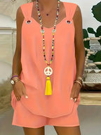 Women's Plus Size 1XL-5XL Two-Piece Solid Chic Casual Set Comfortable Crew Neck Tank Top Grommet Eyelet Detail & Trendy Shorts