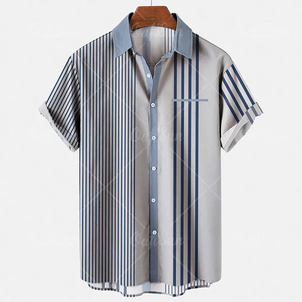 Fashion Men's Striped Casual One Button Shirts Streetwear Short Sleeve Loose Top 3D Digital Printed Blouse Plus Size 5XL