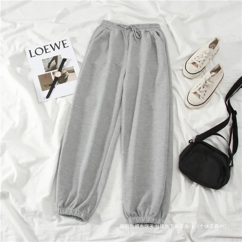 Women's Autumn Winter Casual Sports Loose Slimming Versatile Fleece-lined Outerwear Straight-leg Cuffed Pants Carrot Sweatpants