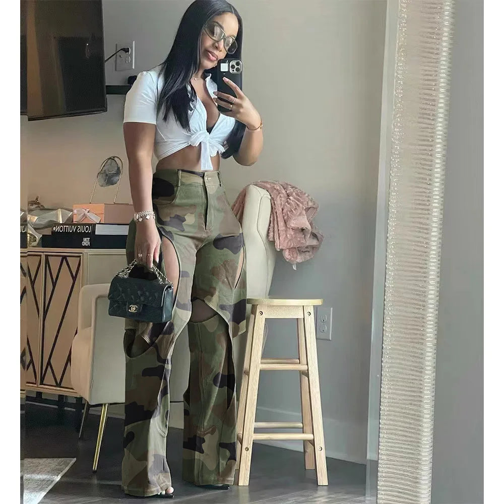 CM.YAYA Fashion women camouflage cutout cross criss straight cargo pants 2023 autumn winter safari style trousers