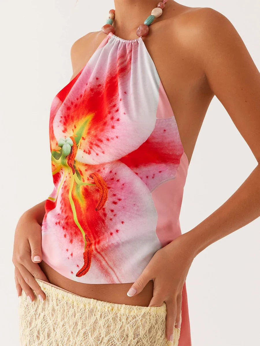 Floral Print Halter Neck Crop Top with Tie-up Detail and Open Back Sleeveless Summer Streetwear for Women