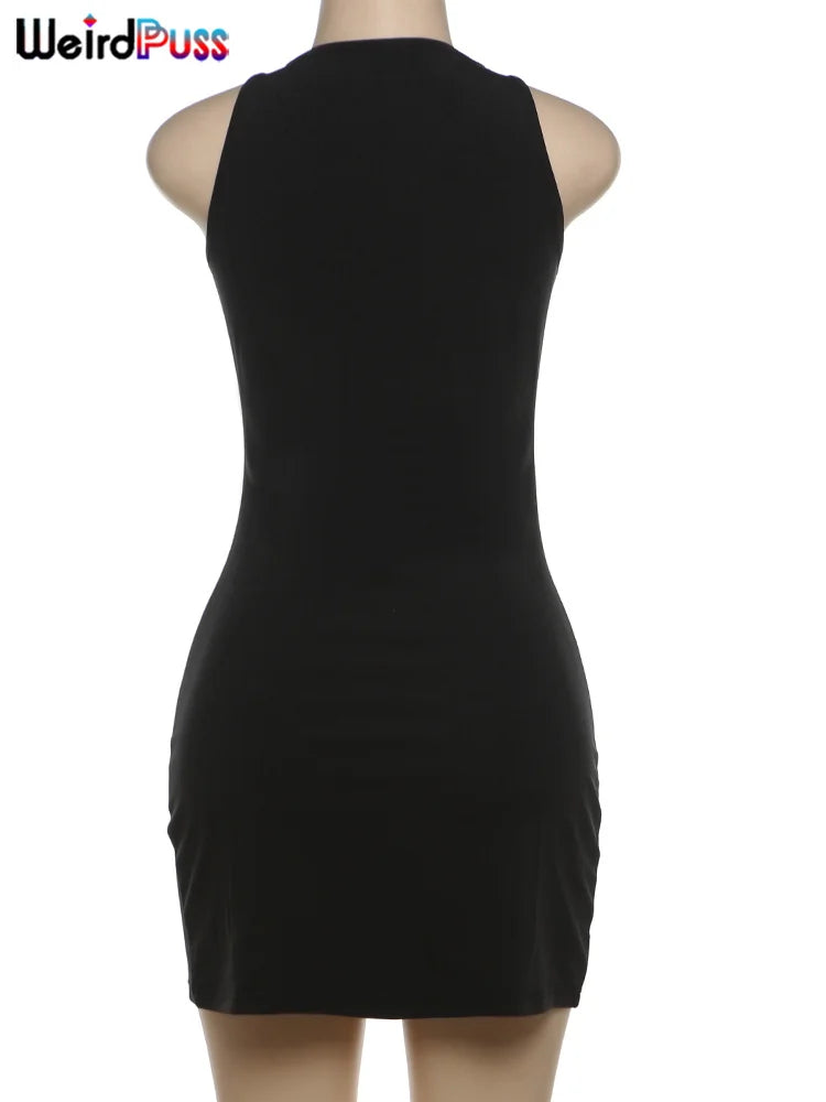 Weird Puss Hollow Flower Dress Sexy Chic Circle Devise Summer Trend Skinny Elastic Stretch Sleeveless Peach Hip Bodycon Clubwear