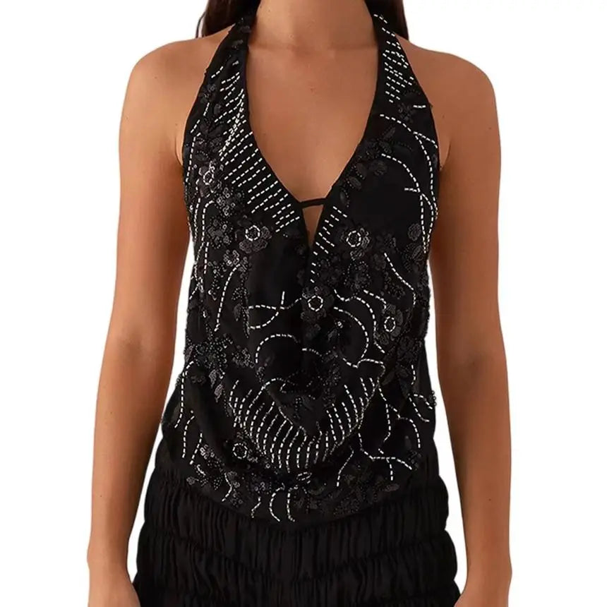 Elegant  Sequins Patchwork Women Halter Tops Summer Beaded Floral Pattern Backless Shirts Vest for Streetwear Aesthetic  Clothes