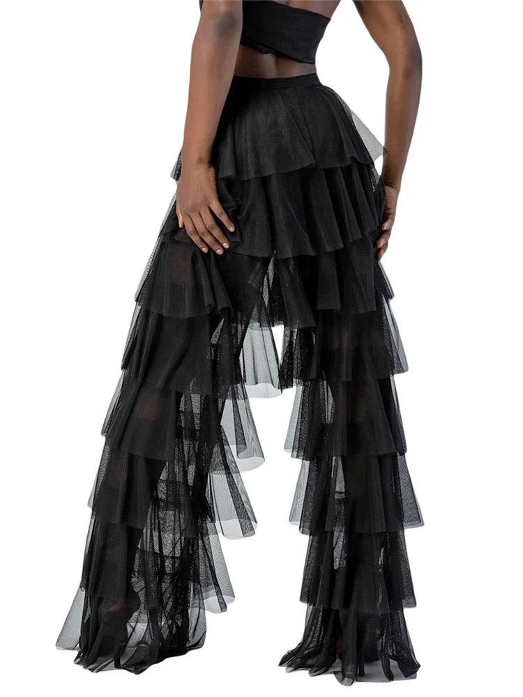 Women Wide Leg Pants High Waist Layered Tulle Pants Loose Beach Long Trousers Streetwear