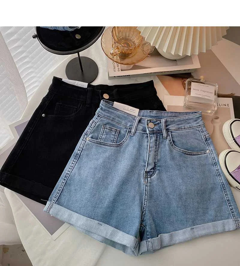 High-waisted Plus-size Women Jeans Student Casual Versatile Trendy A- line Hot Pants Cotton Material Straight Cylinder Style