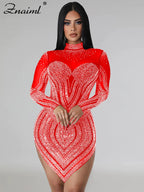 Znaiml Luxury Sheer Mesh Patchwork White Short Dress for Women Sparkly Crystal Rhinestones  Party Night Club Birthday Vestidos