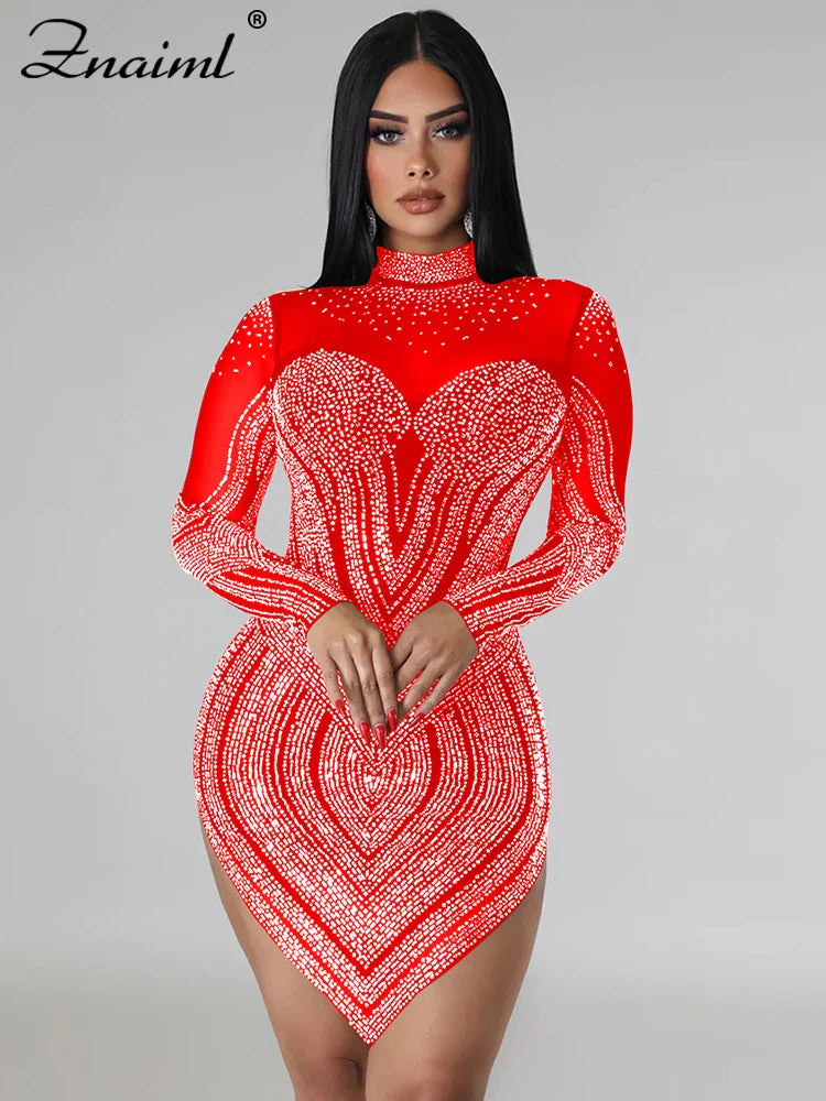 Znaiml Luxury Sheer Mesh Patchwork White Short Dress for Women Sparkly Crystal Rhinestones  Party Night Club Birthday Vestidos