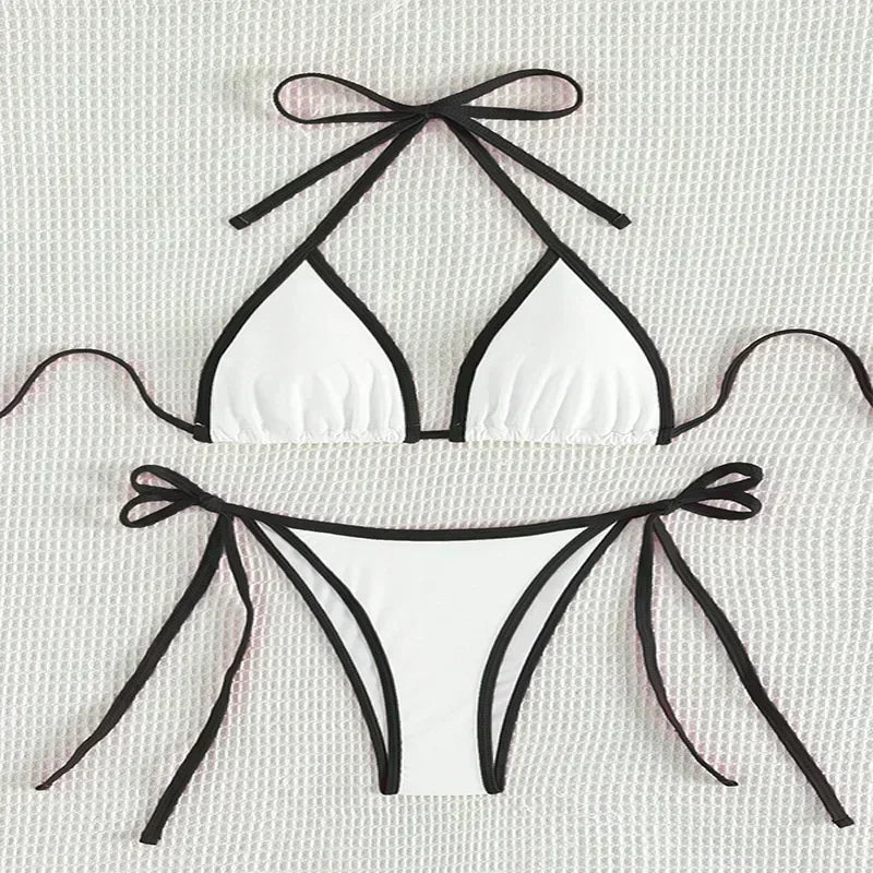 Contrasting Colors String Micro Thong Bikinis Sets Sexy Swimsuit Women 2025 Halter Mini Swimwear Biquinis Beachwear Bikini Mujer