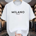 Summer men's 100% pure cotton casual loose and fashionable MILANO ITALY letter printed round neck short sleeved T-shirt top