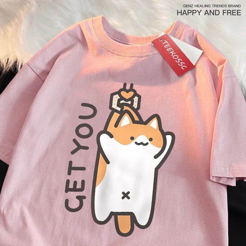 Catching Baby Fun Cat Print Japanese Style Clothes Men Fashion Oversize T-Shirt Casual O-neck Tops Summer Cotton Loose T Shirt
