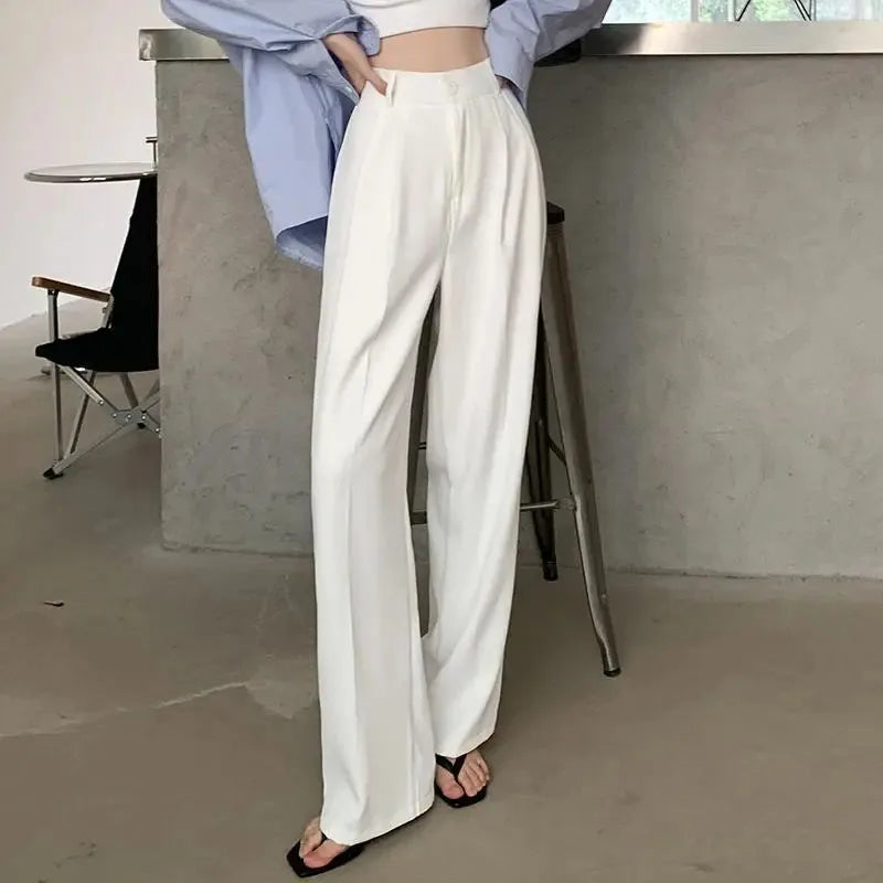 Summer Women's Draped Suit Pants Korean Style High-Waisted Button Casual Pants 2025 New Black White Baggy Office Lady Trousers