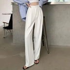 Summer Women's Draped Suit Pants Korean Style High-Waisted Button Casual Pants 2025 New Black White Baggy Office Lady Trousers