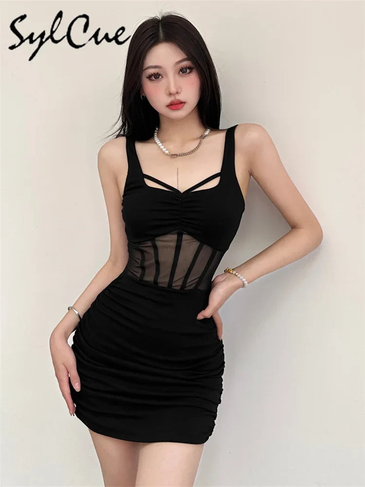 Sylcue Black Mysterious Sexy Mature Beautiful Tight Hot Confident Summer Party Intellectual Elegant Simple Women'S Strap Dress