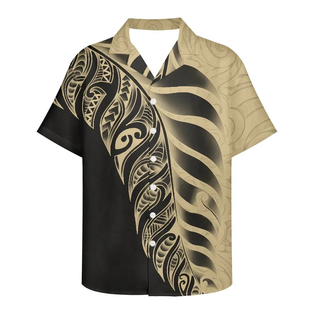 Men's Business Polynesian Shirt Casual Short Sleeve 2022 New Lapel Tribal Tattoo Button Slim Fit Fashion Top