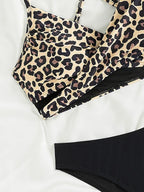 Summer Women's Leopard Patchwork Swimsuit Sexy Back Cross Lace-Up Swimwear High Waist Bikini Set Push Up Bathing Suit Beachwear