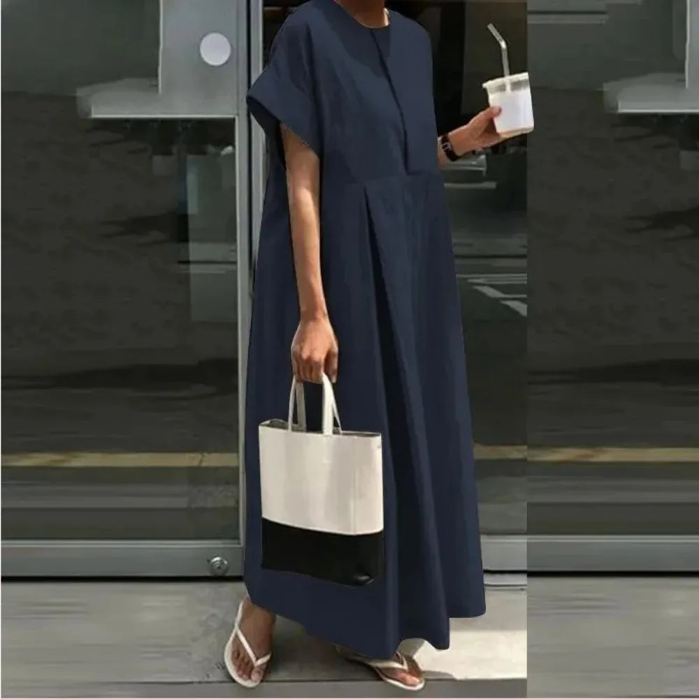 Large Size Women's L-5XL Plus Size Loose Cotton Dress Round Neck Solid Color Long Dress College Style Short Sleeved Loose Casual
