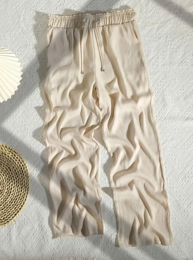 High Quality Wide Leg Pants Women Vintage Drawstring High Waist Satin Silk Pants Woman Casual Loose Straight Trousers