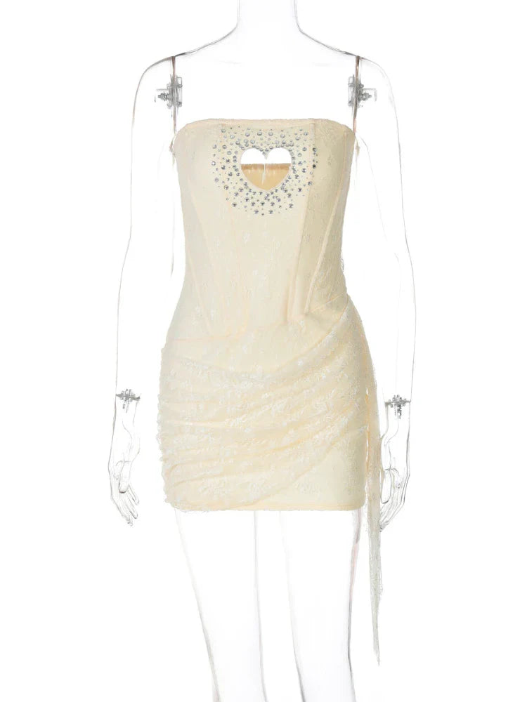 Woman Clothing Rhinestones Loving Heart Cut Out Party Dress Chic Strapless Off Shoulder Bandage Short Evening Gowns Club Dress