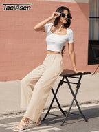 TACVASEN High Waisted Fashion Wide Leg Trousers Womens Loose Casual Long Pants Lightweight Soft Button Closure 2 Pockets Pants