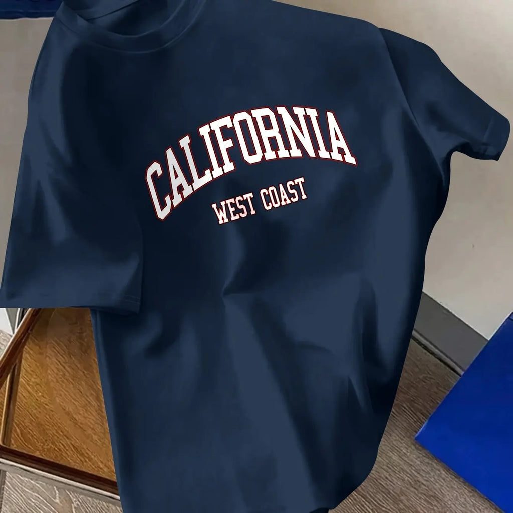 Men's Summer 100% Cotton Fashion California Letter Printed Loose Large Casual Comfortable Round Neck Short Sleeve T-shirt Top