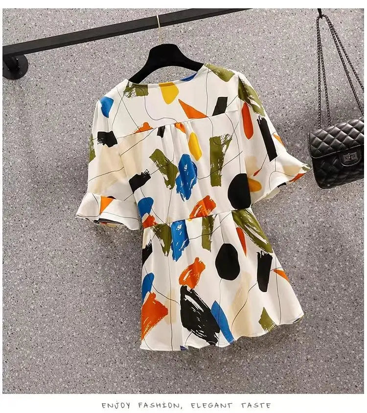 Women Clothing Plus Size Lacing Blouse Summer New Short Sleeve V Neck Printing Loose All-match Fashion Shirt Tops Vintage Casual