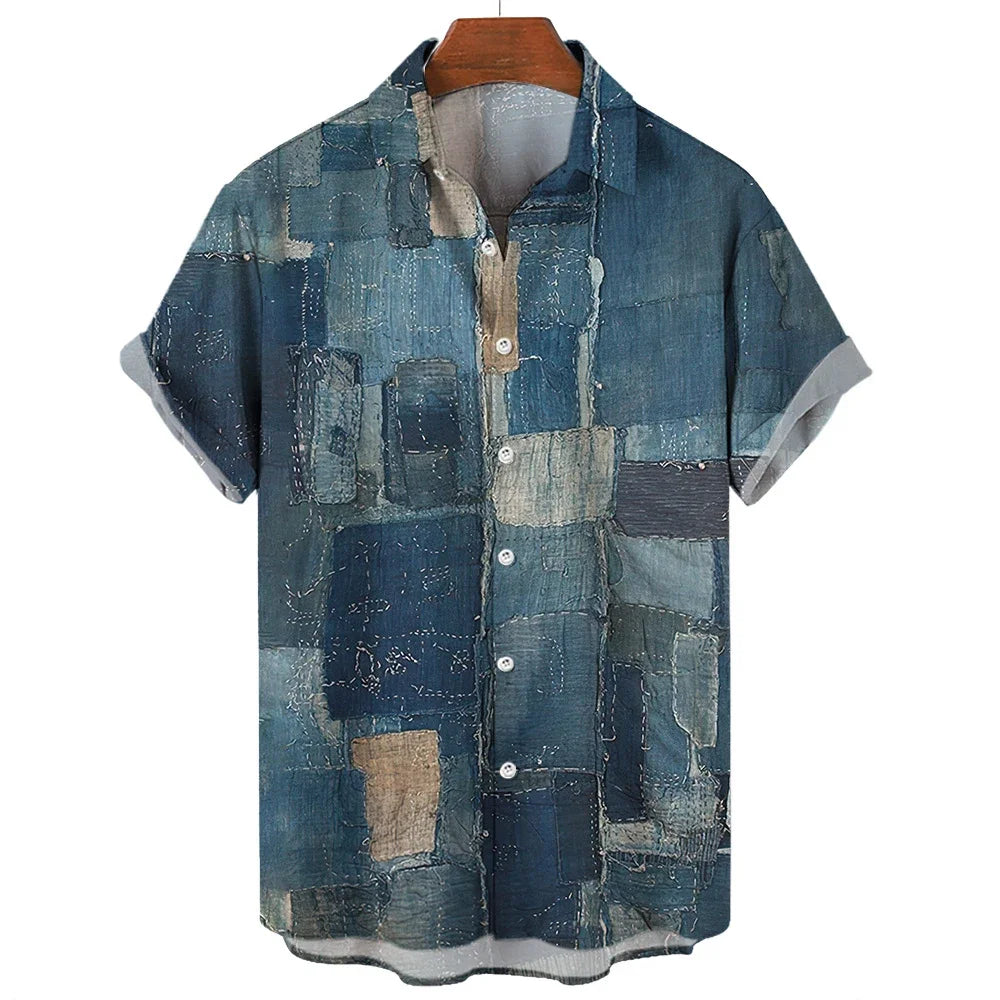 Fashion Patchwork Design Printed Pattern Men Women Short Sleeve Shirts Fashion Tops Casual Button Down Shirt Tops