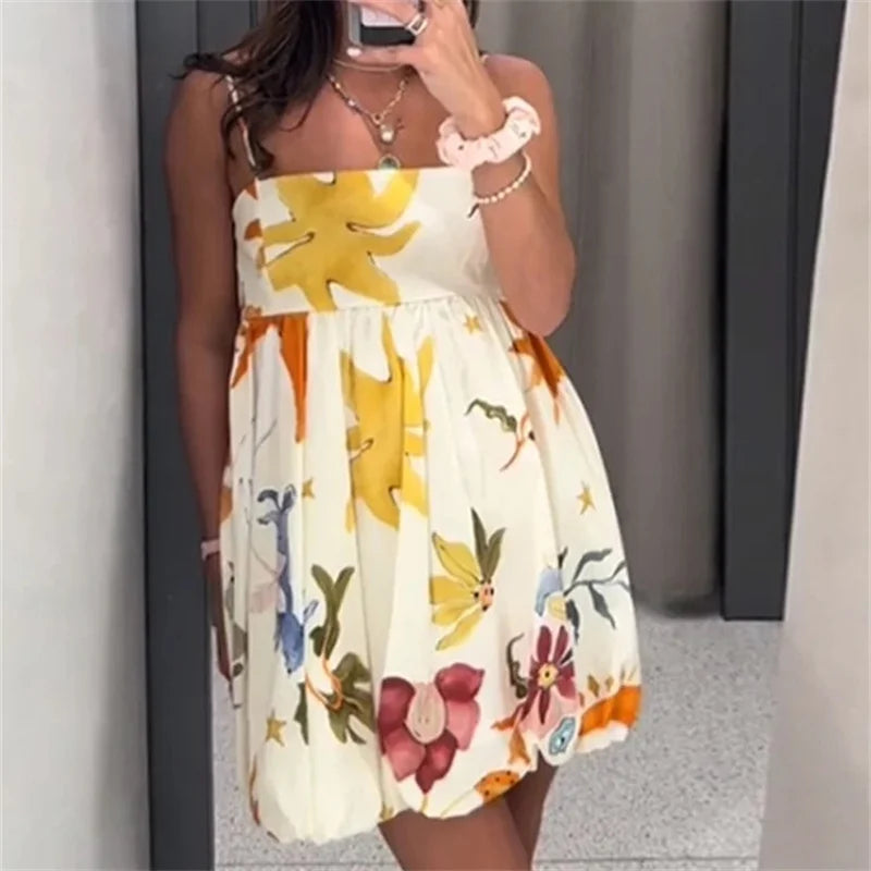TRAF Print Slip Mini Dress Women Sleeveless Summer Dress Woman 2024 Ruched Sundress Vestidos Backless Short Dresses for Women