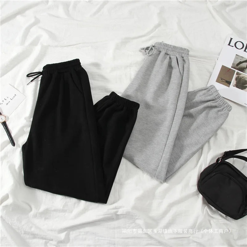 Women's Autumn Winter Casual Sports Loose Slimming Versatile Fleece-lined Outerwear Straight-leg Cuffed Pants Carrot Sweatpants