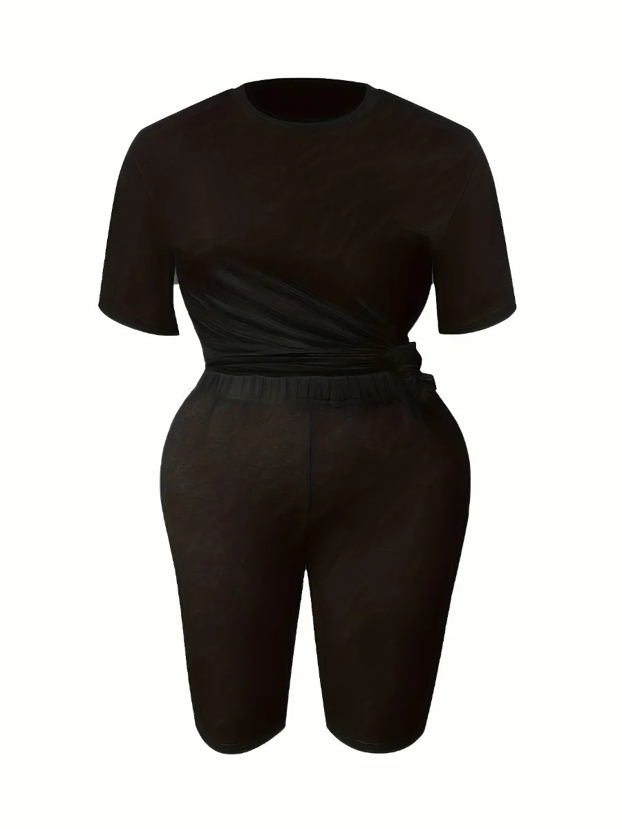 LW BASICS Plus Size Two Pieces Sets Round Neck Skinny Shorts Set 2024 NEW IN Matching Sets Summer Short T-shirt + Short Sets