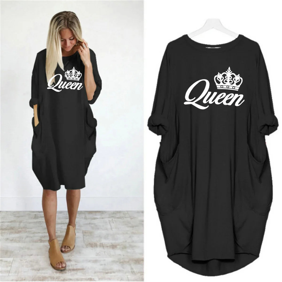 Women's spring and summer casual loose plus size QUEEN printed round neck long sleeved pocket dress streetwear