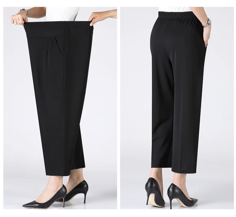 Summer Thin Breathable Elastic Pants 8XL Women's Solid Color High Waisted Loose Casual Pants Middle-aged Elastic straight leg
