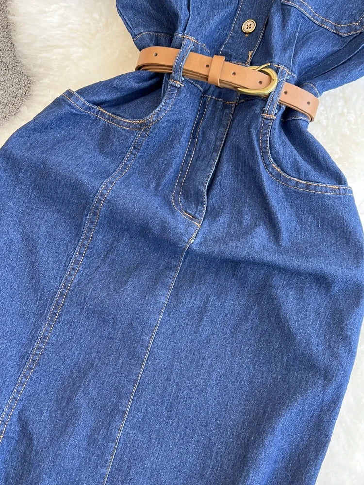 XFPV Women's Sweet Short Denim Dress For Women  Belt Slim Short Sleeved Vestidos Korean Fashion Spring Summer 2025 SM11153