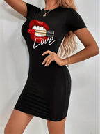 Women's plus size summer red lip LOVE print Tops tee O-neck Short Sleeve  short sleeved round neck slim fit casual T-shirt dress