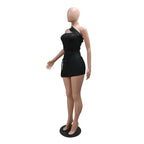 Summer Women Sleeveless Perspective Bodycon Sexy Night Club Mini Dress Inclined Collar Sashes Irregular Party Dress Black White