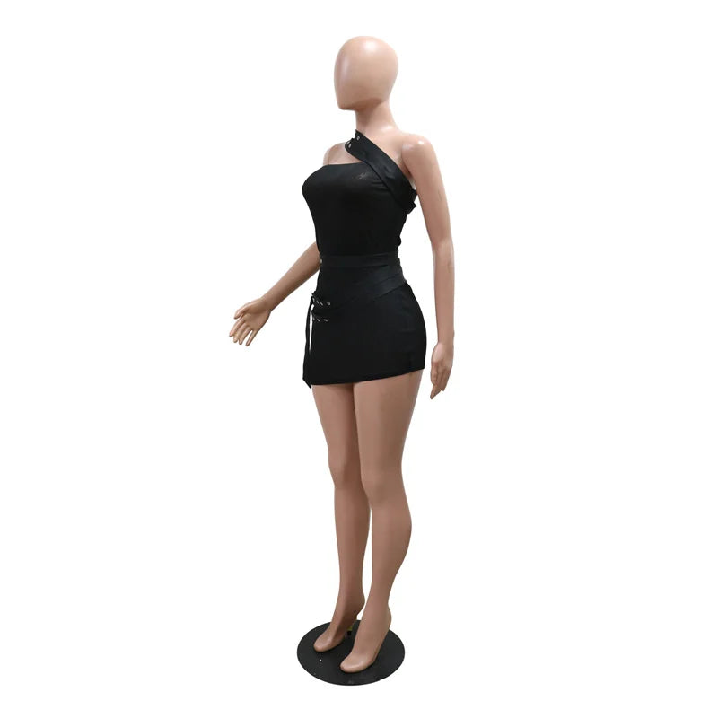 Summer Women Sleeveless Perspective Bodycon Sexy Night Club Mini Dress Inclined Collar Sashes Irregular Party Dress Black White