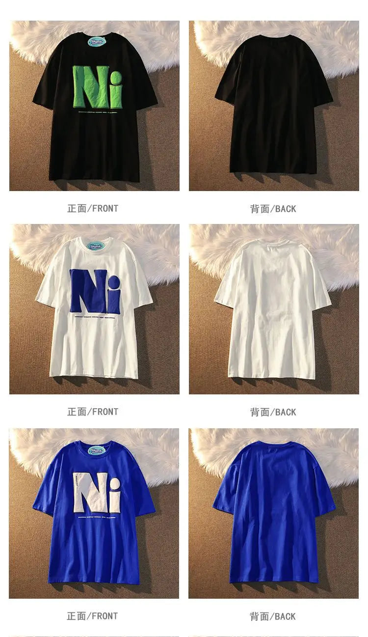 Lovers Short-sleeved Cotton Printed Pattern Casual Loose T-shirt All-match High Street Vintage Half-sleeved Top O Neck Pullover