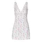 Hugcitar 2024 Cherry Print Straps Backless Draped Sexy Bodycon Mini Dress Summer Women Elegant Clothes Birthday Party Vacation