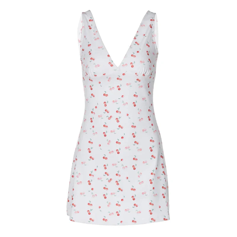 Hugcitar 2024 Cherry Print Straps Backless Draped Sexy Bodycon Mini Dress Summer Women Elegant Clothes Birthday Party Vacation
