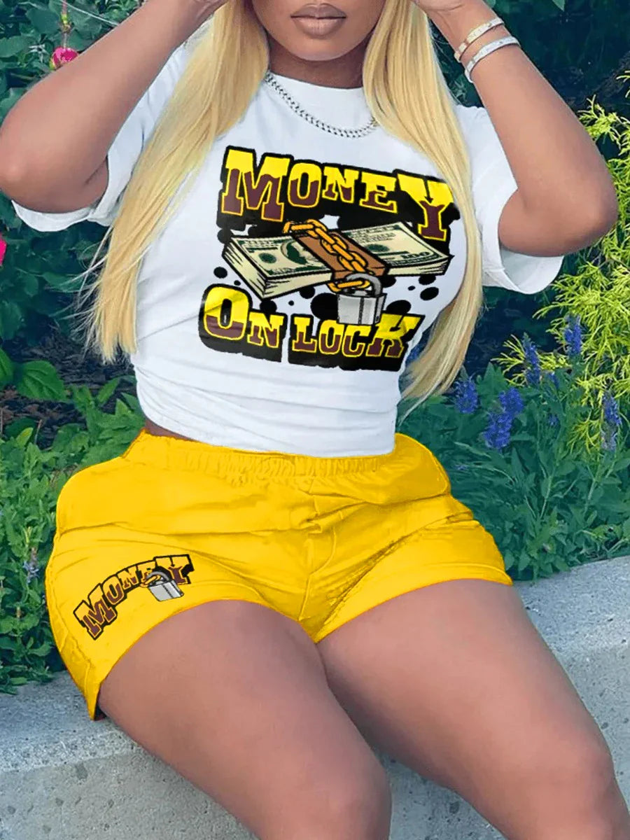 LW Plus Size Money Letter Print Shorts Set 2023 Women Round Neck Cartoon Two Pieces Street Short Sleeve Matching Suits