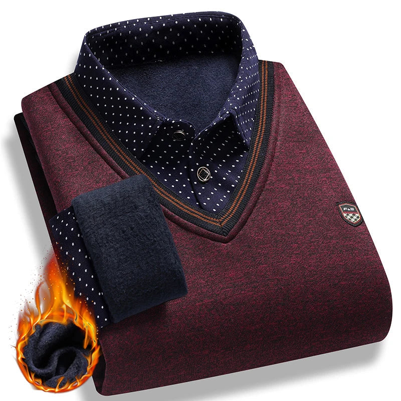 Men's Autumn Winter Sweater Pullover Polo Shirt Collar Fleece Thick Warm Top Clothes Business Casual Jumpers